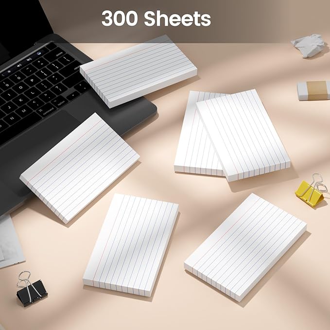 300 Count White Index Cards 3x5 Inch - 180gsm Heavyweight Flash Card (50 Sheets Each), Durable & Portable Note Taking for Students, Teachers, Study Flashcards for Office School Supplies