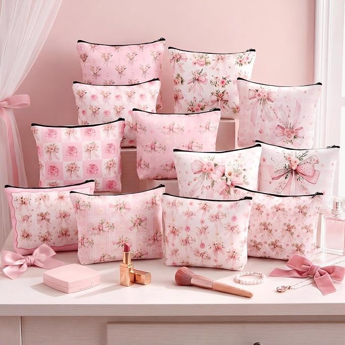 Reginary 12 Pcs Pink Bow Floral Makeup Bags Coquette Bow Cosmetic Bags with Zippers Coquette Party Favors Pink Aesthetic Elegant Pouch Bulk Gifts for Women Stuff Birthday Supplies Travel Accessory