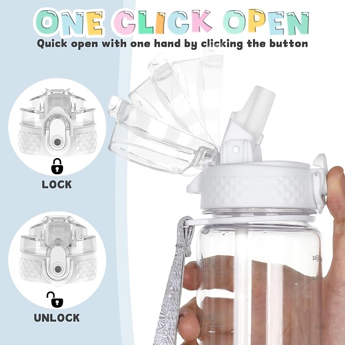 OLDLEY 17oz Kids Water Bottle, Tritan BPA-Free, Leakproof Flip Straw Lid, Motivational Time Marker, Carry Strap, Reusable Clear Water Bottle for Boys & Girls,Clear