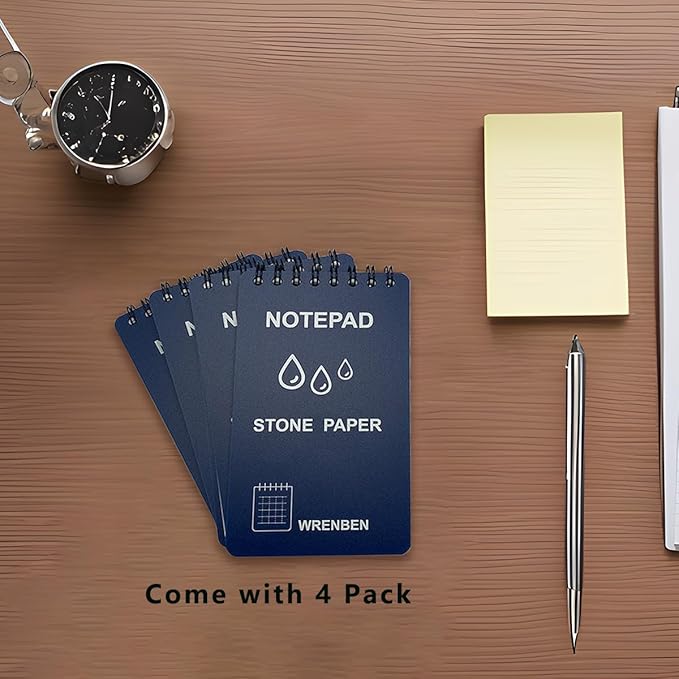 4PCS Weatherproof Spiral Notebook 3x5 Inch with Stone Graph Paper and PVC Cover, Small Pocket Notebook A7, All-Weather Steno Pads for Outdoor Field Adventure (Blue, 4 Pack)