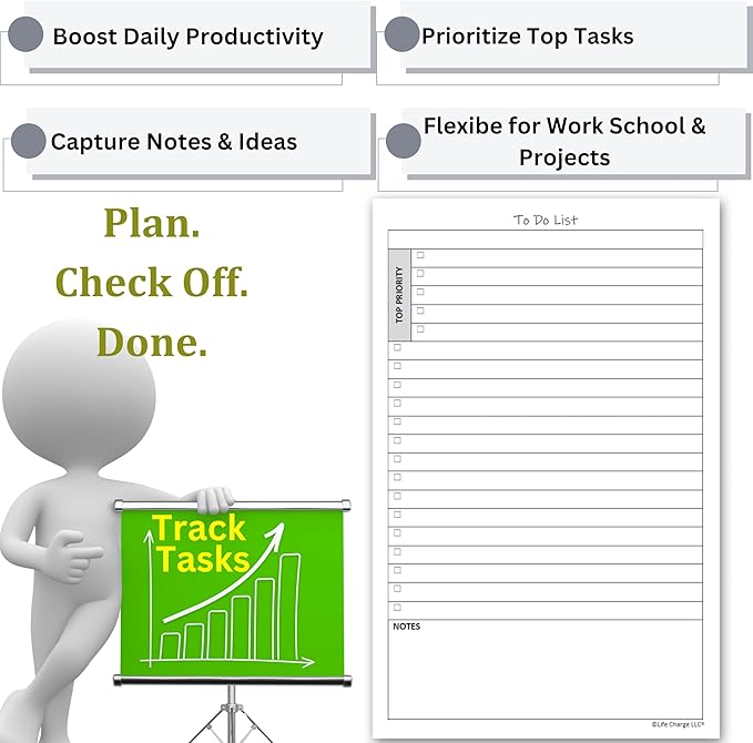 To Do List Planner Notepad, 60 Page Planning Pad, Undated ToDo Checklist w/Priority & Notes Sections, Daily Task Organizer for Work, Projects & Home, 8.5 x 5.5 Half Letter, Portrait, Single Notepad – Life Charge