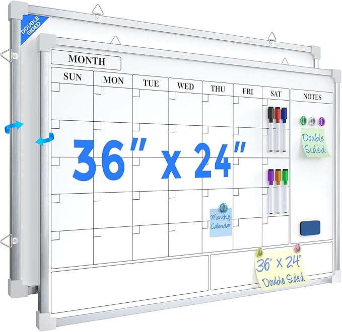 MaxGear Double Sided Magnetic Dry Erase Board Calendar, 36" x 24" Monthly Whiteboard for Wall, Aluminum Framed Reversible White Board with Notes Section, Markers, Magnets & Eraser for Home Office