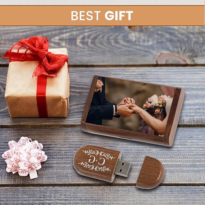 Wood USB Flash Drive Custom Logo USB Jump Drive 1GB/2GB/4GB/8GB/16GB/32GB/64GB/ Engraved Wood USB Memory Stick Thumb Drive with Box for Wedding/Couple/Parents - 5 Wood Types Optional(Oval Shape)