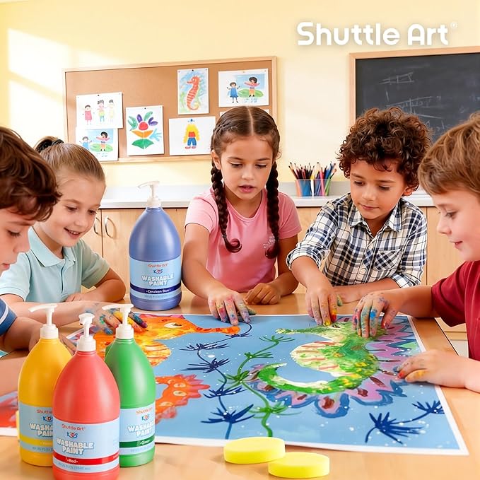 Shuttle Art 6 Colors Washable Paint for Kids, 69 oz Bulk Tempera Paint with Pump, Non-Toxic Kids Washable Paint for Art and Crafts, School & Home Must Haves