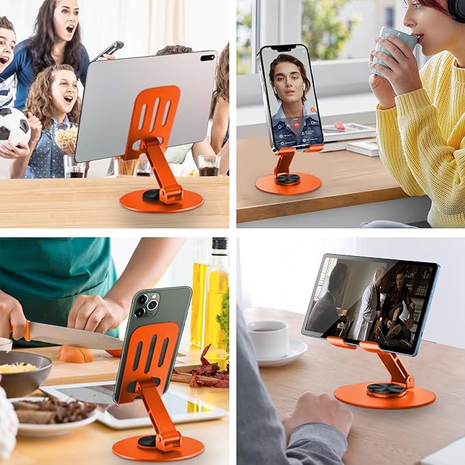 Universal Metal Cell Phone Stand, Multi-Angel Adjustable 360° Rotation Non-Slip Metal Phone Stand Compatible with iPhone 17 16 Pro Max and All Smartphones (Orange)