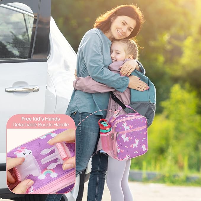 Bagseri Kids Lunch Box for Girls - Insulated Toddler Lunch Bag Fits Bento Box, Reusable Daycare Cooler Tote with Clip Handle, Water-Resistant Lining, Purple Cute Unicorn