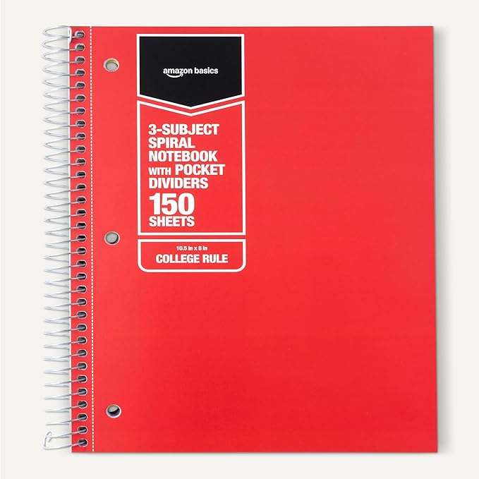 Amazon Basics College Ruled Spiral Notebook, 3-Subject with Pocket Divider, 150 Sheets,8''x10.5'', Assorted Primary Colors, 3 pack