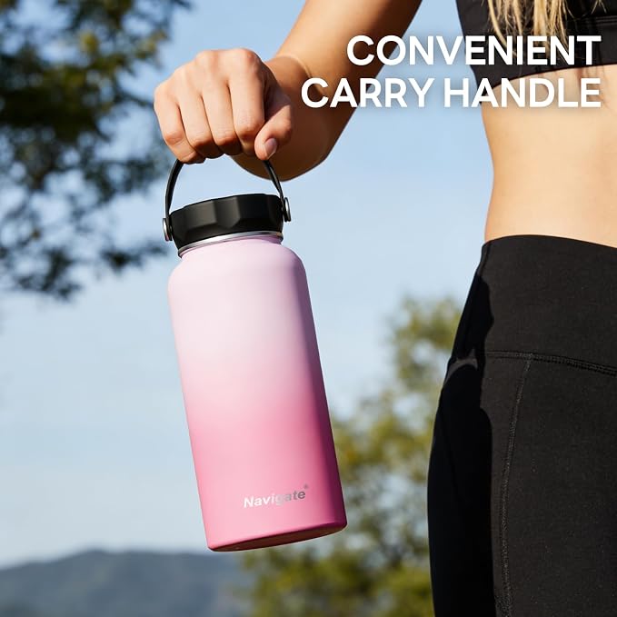 Navigate 32 oz Insulated Stainless Steel Sports Water Bottle with Spout & Handle Lids,Wide Mouth Water Jug with Double Walled Leak Proof Keep Cold for 24 Hrs Hot for 12 Hrs,Pink Gradient