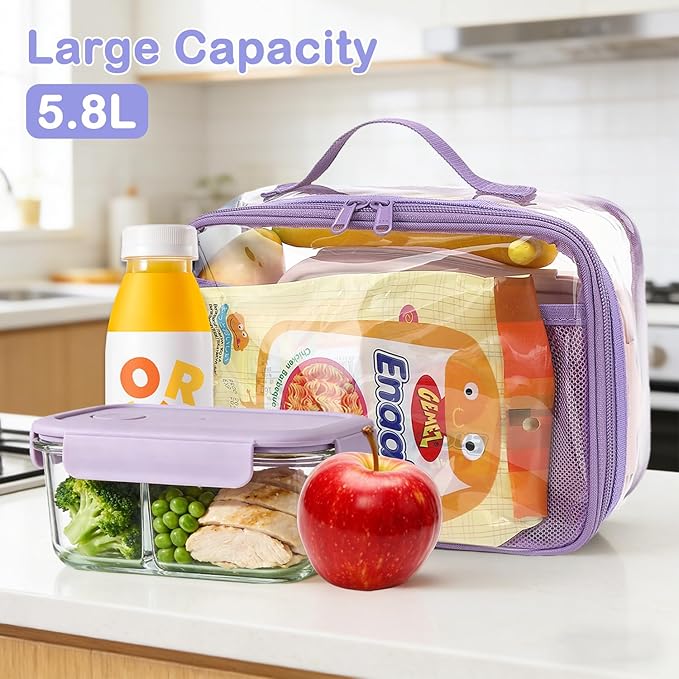 FlowFly Kids Lunch box Insulated Soft Bag Mini Cooler Back to School Thermal Meal Tote Kit for Girls, Boys,ClearPurple