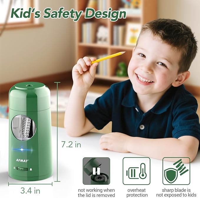 AFMAT Electric Pencil Sharpener, Rechargeable Fully Automatic Pencil Sharpener for Jumbo & Colored Pencils (7-11.5mm), Auto in/Out, Hands-Free, Portable for Home/Classroom/Office PSX6(Green)