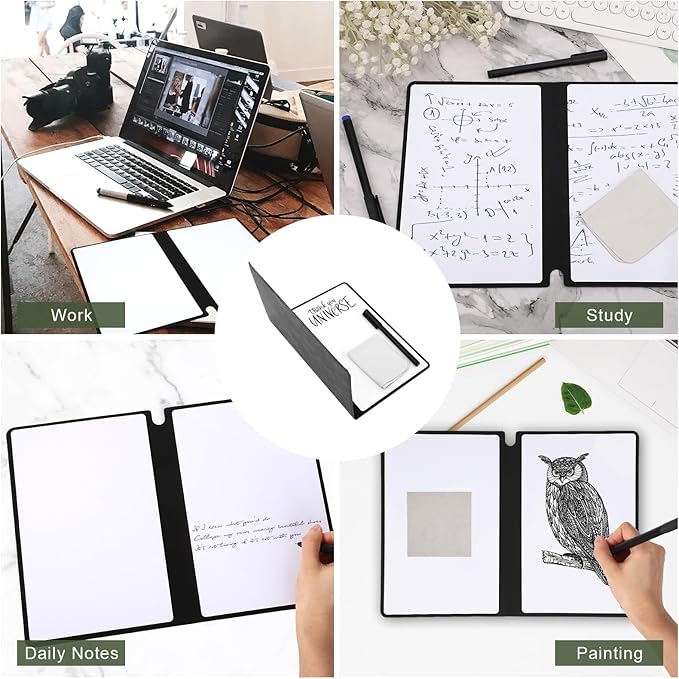 Portable Dry Erase Notebook, Reusable A5 Small Whiteboard with Marker Cleaning Cloth Double-Sided Dry Erase Writing Board for Office School Home Business (Black)
