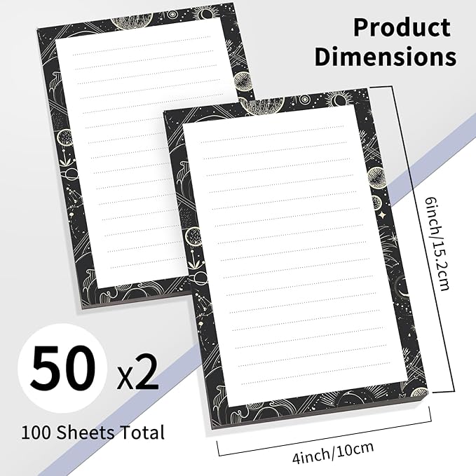2 Pack Lined Sticky Notes 4x6 in, Cute Self-Stick Notepads with Lines, Large Memo Pads Strong Adhesive for Office, Home Cute Boho Sun Moon