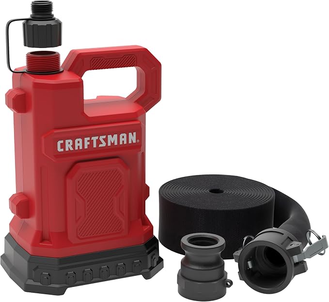 CRAFTSMAN 1/4 HP Fiberglass Reinforced Thermoplastic, Fully Submersible Water Utility Transfer Pump, Multi-Use Electric Water Pump, 15 Ft. Cord, High Volume Lay-Flat Hose, Camlock Fittings, 2500 GPH