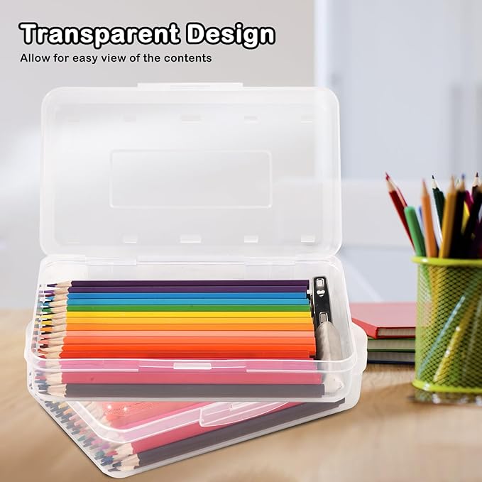 Colored Plastic Pencil Box, Large Capacity Pencil Case, Pencil Boxs for Kids Adults, Hard Crayon Box Storage with Snap-Tight Lid for School Office Supplies (Clear)