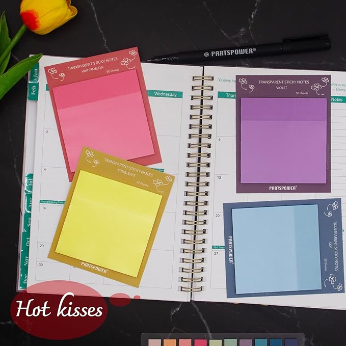 PARTSPOWER Super Transparent Sticky Notes, Jewel Tones 4 Packs 3X3 Inch See Through Annotating Sticky Notes for Annotating, Bible Study Supplies, Office School Supplies - Hot Kisses Series