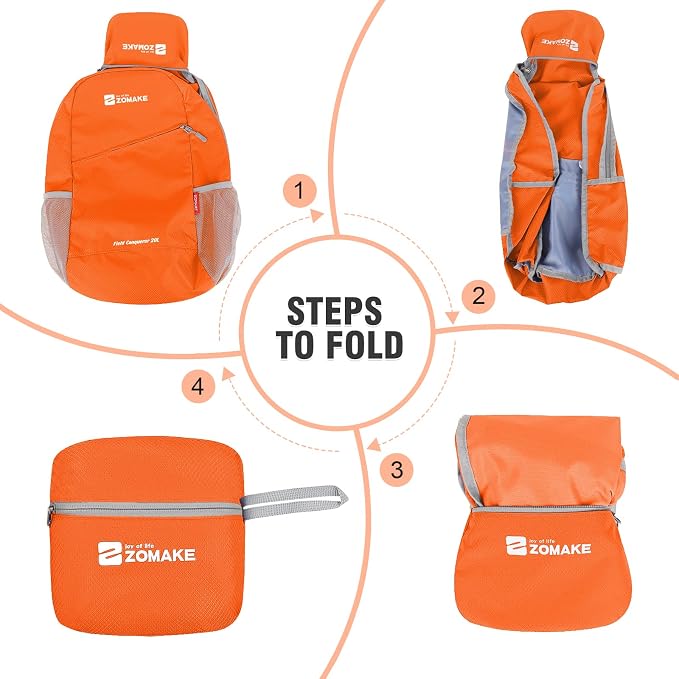 ZOMAKE Lightweight Packable Backpack 20L, Foldable Small Daypack for Hiking | Water Resistant Backpacks Day Bag for Travel Outdoor Camping Sport, Everyday Carry, Multi Compartment Storage(Orange)