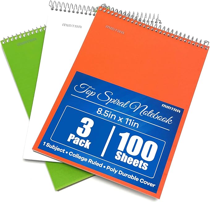 Mintra Office TOP BOUND Durable Spiral Notebooks (Green, White, Orange, College Ruled 3pk)