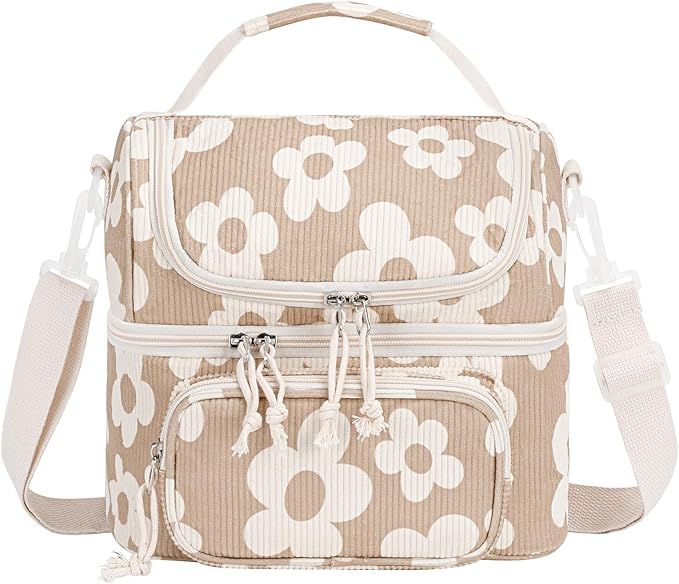 HowFly Lunch Bag for Women Insulated Lunch Boxes Corduroy Resuable Double Deck Lunch Box for Girls Teens Kigs Boys Portable Thermal Cooler Bags for School Work, Khaki Flower