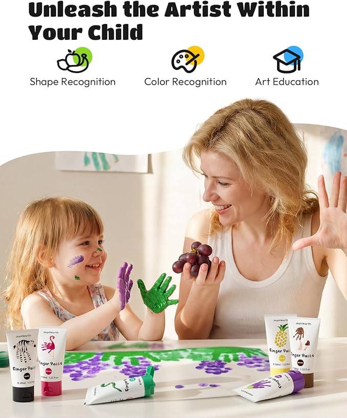 JUPITEARTH 28 PCS Finger Paint, Baby Safe Paints for Hand and Feet, Washable Paint for Kids, Non-Toxic 12 Vibrant Colors (1.22fl oz/36ml ) , Palette, Apron, Brush, Eye Stickers, Safe Preschool Art Supplies for Kids