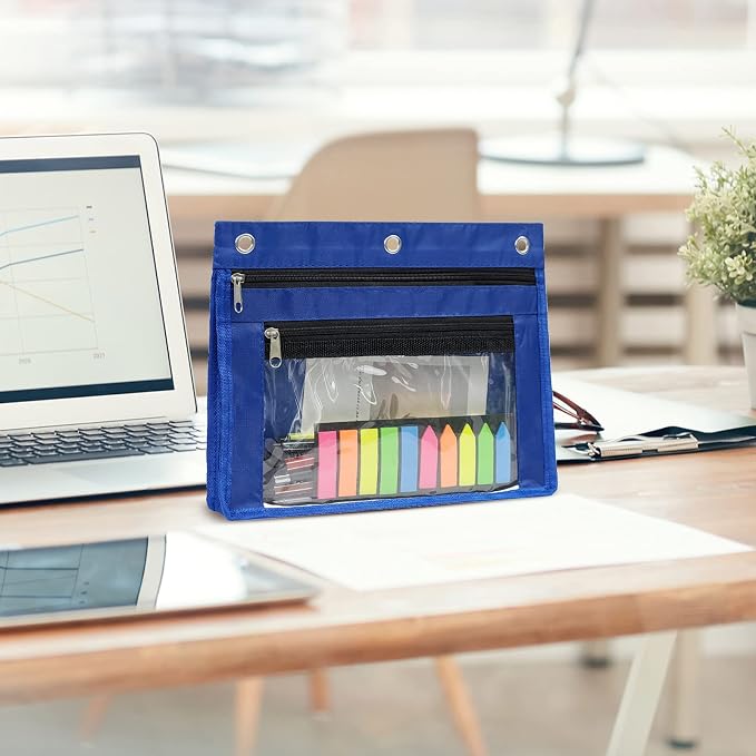 YoeeJob 2 Pack Expandable Pencil Pouches for 3 Ring Binders, Blue | 1-inch expansion, 2 clear PVC pockets, 3 holes, large-capacity storage for school and office supplies.