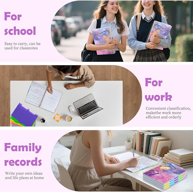 5 Subject Notebook for Work with Removable Dividers Tabs, Large 8.5" x 11 Spiral Lined Notebooks for School Note Taking & Organizer, A4 240 Pages College Ruled Journal for Women & Writing, Pink