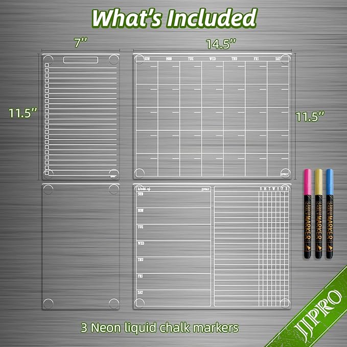 JJPRO Non-Magnetic Calendar for Fridge-Clear Monthly Calendar,Weekly Planner,List and Blank Board -Reusable Board Sticks to Fridge,Wall,Door&Glass,Non Magnetic Fridge Calendar