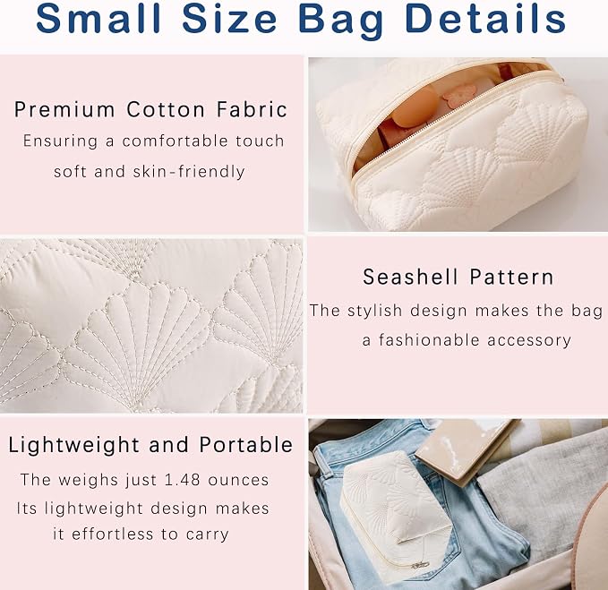 uekeboag 3Pcs White Shell Quilted Cotton Makeup Bag | Foldable,Lightweitht,Coquette Quilted Toiletry Bag for Women and Girls