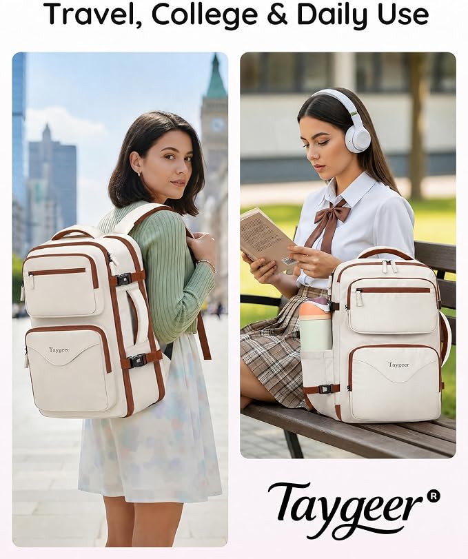 Taygeer TSA Approved Under Seat Backpack, 35l College Backpack for Women | Personal Item Bag for Airplanes Fits 15.6 Inch Laptop, Travel Bag with Water Bottle Pocket & Shoe Pouch, Khaki White