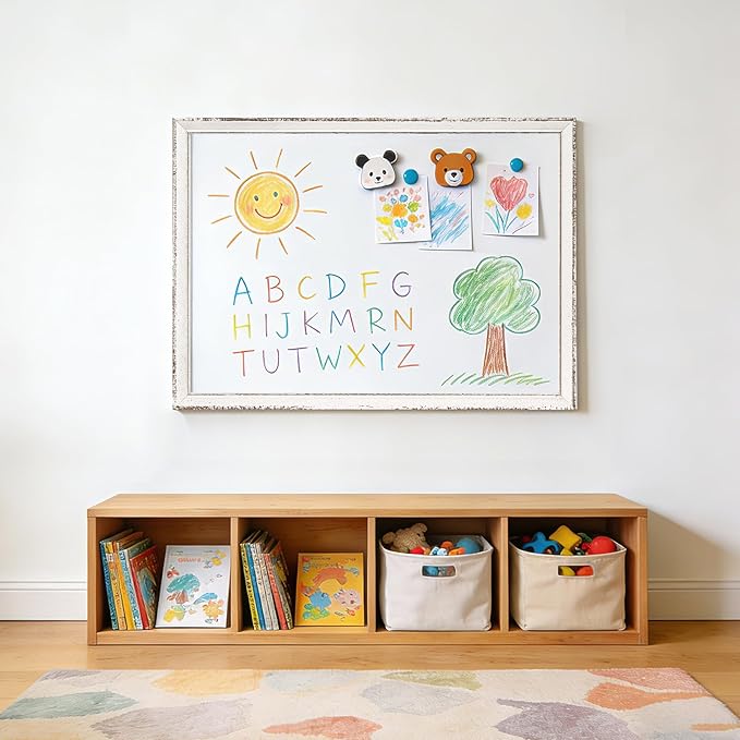 White Board for Wall, 18" x 12" Magnetic Dry Erase Board, Vintage Wooden Frame Decorative Whiteboard, Wall Mounted, White-Washed, Aesthetic Writing Board for Home, Office, School