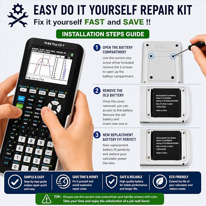 TI-84 Plus CE Battery Replacement Fit Texas Instruments TI-84 Plus CE C Graphing Calculator, TI NSpire CX/CX II/CX CAS, P11P35-11-N01 & 3.7L12005SPA Battery, Fix Dead Power Issue & Error Validating OS