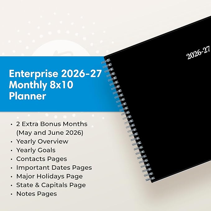 Blue Sky 2026-2027 Monthly Academic Year Planner Calendar, July 2026 - June 2027, 8" x 10", Monthly Layout, Flexible Cover, Wirebound, Laminated Tabs, Enterprise