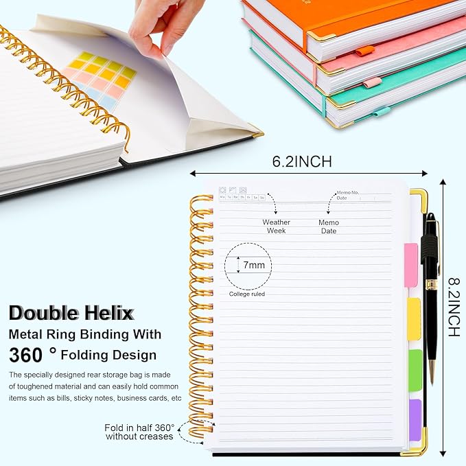 Hardcover Spiral Notebook 6.2"x 8.2" Journal Notebook with Tabs and Removable Dividers 300 Pages 5 Subject Notebook College Ruled, Faux Leather Spiral Bound Notebook for Women School Work (Black)
