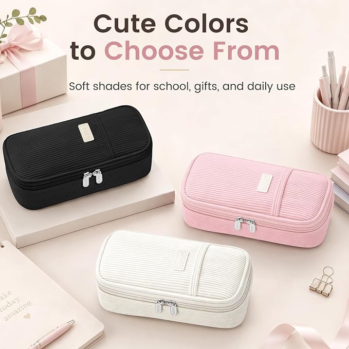 Sooez Cute Pencil Case, Soft Corduroy Pencil Pouch, Large Pen Pencil Bag | Zipper Pen Case, Aesthetic Pen Pouch, Colored Stationery Storage & Organizer, College School Supplies for Teen Girl, Black