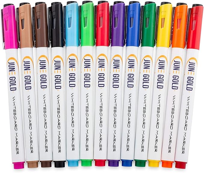 June Gold 32 Assorted Colored Dry Erase Whiteboard Markers, Fine/Bullet Tip, 2 sets of 13 Unique Colors With 8 Black Markers, Low Odor, Slim Barrel & Vivid Lines