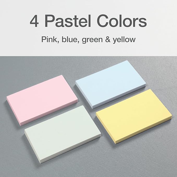 Oxford Blank Index Cards, Blank Note Cards, Flashcards for School, 4 Assorted Pastel Colors: Pink, Blue, Green and Yellow, 3 Inch x 5 Inch, 200 Cards Per Pack (1017491)