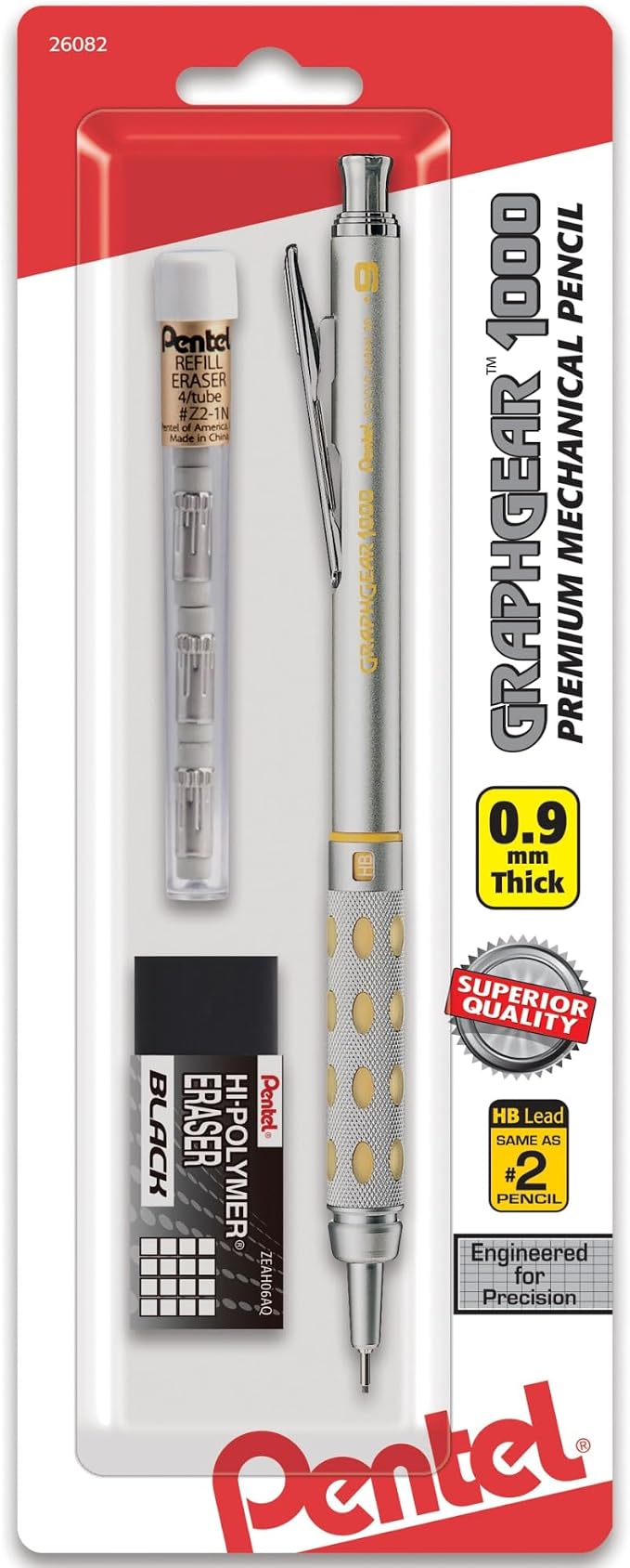 Pentel GraphGear 1000 Automatic Drafting Pencil (0.9mm), with Eraser Refills, 1-Pk (PG1019EBP)