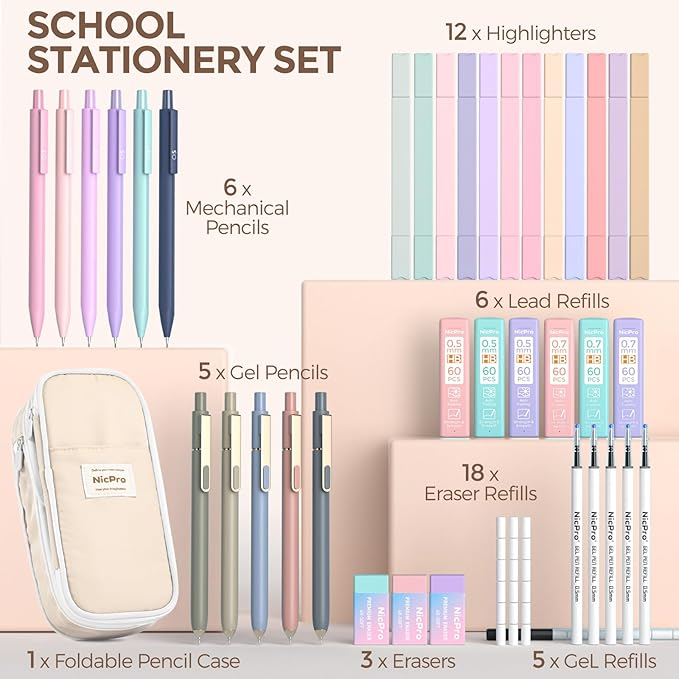 Nicpro 39 PCS Aesthetic School Supplies with Pencil Case, Cute Stationary Set with 5 Gel Pens & 6 Mechanical Pencils & 12 Highlighters, Essentials for College Students Nurse & Teen Girls/Boys (Cream)