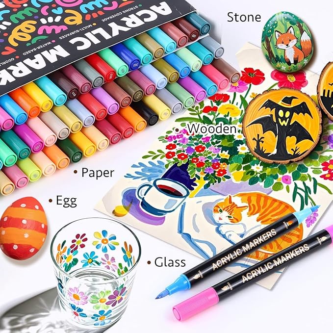 WINSONS 48 Colors Acrylic Paint Marker, Dual Tip and Dual Colors Acrylic Paint Pens for Stone, Wood, Canvas, Ceramic, Metal, Glass, Rock Painting, DIY Crafs Art Supplies (48 Colors)