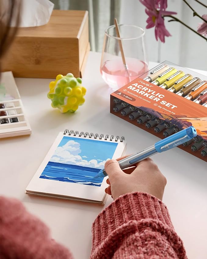 JusArt Acrylic Paint Markers Brush Tip 30 Colors, Water-Based No-Bleed Markers with Automatic Ink Control, Waterproof Acrylic Paint Pens for DIY Art & Crafts -Fabric, Wood, Rock, Ceramic, Metal