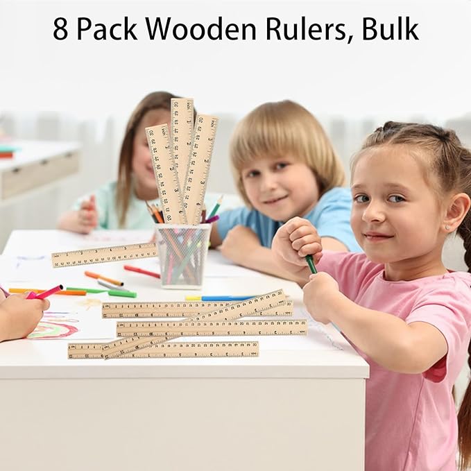 8 Pack Wooden Rulers Bulk, 12 Inch (30cm) Dual Scale Rulers with Imperial & Metric Measurements for Straight Rulers for Students, Teachers,School, Classroom, Home and Office Supplies