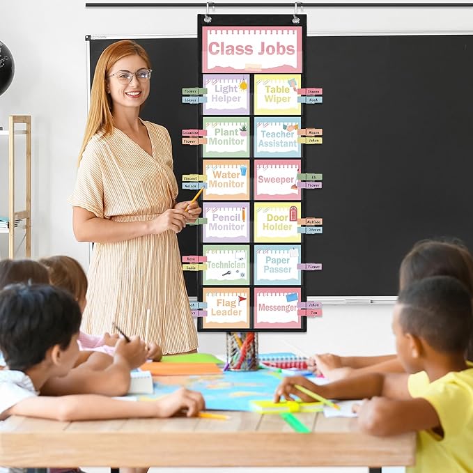Pasimy Pastel Class Jobs Pocket Chart Class Helpers Pocket Chart Classroom Jobs Cards with Clips and Hooks Teacher Helper Bulletin Board Set for Back to School Classroom Teacher Supplies