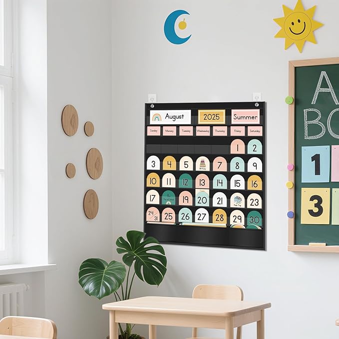 Rainbow Classroom Calendar Pocket Chart with 90 Cards, Monthly Calendar and Weather Pocket Chart for Easy Learning, Calendar Pocket Chart for Classroom, Preschool and Home, 23.5" x 20"