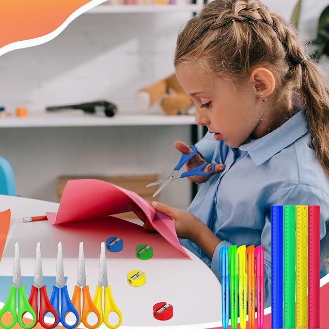 400 Pcs Back to School Supplies Kit Include 100 Student Scissors 100 12 Inch Plastic Rulers 100 Pencil Sharpeners 100 Highlighters for School Classroom Home Charity Donation Supplies (400)