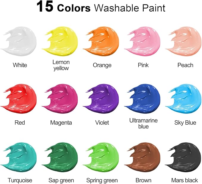 Smallbudi 15 Colors Large Washable Paint Set (33.8oz/ 1000ml), Bulk Painting Supplies Non Toxic Tempera Paint for Kids Toddlers, Poster & Finger Paint for Art DIY Craft Classroom School Home-with Pump