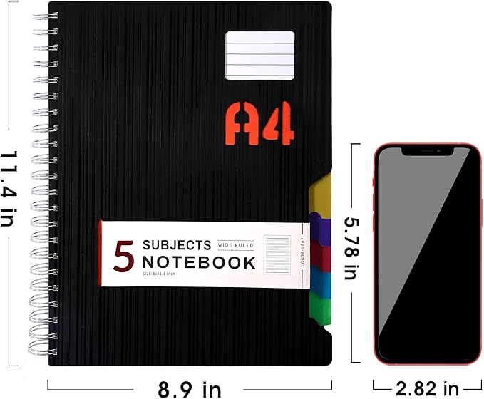 CAGIE 5 Subject Notebook with tabs 8.5'' x 11'', Hardcover Notebook with 5 Colored dividers, Spiral Notebook Wide Ruled for Work 262 Page, Multi-Subject Notebooks for School Office Supplies, Black