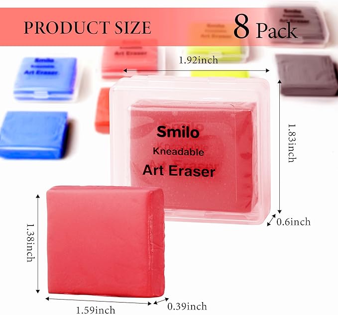 Smilo Kneaded Erasers for Artists, 8-Pack (4 Colors - 2 Each) | Reusable, Dust-Free, No Smudge | Moldable Putty Eraser with Case | Ideal for Drawing, Sketching, Students(Red,Blue,Yellow,Grey)