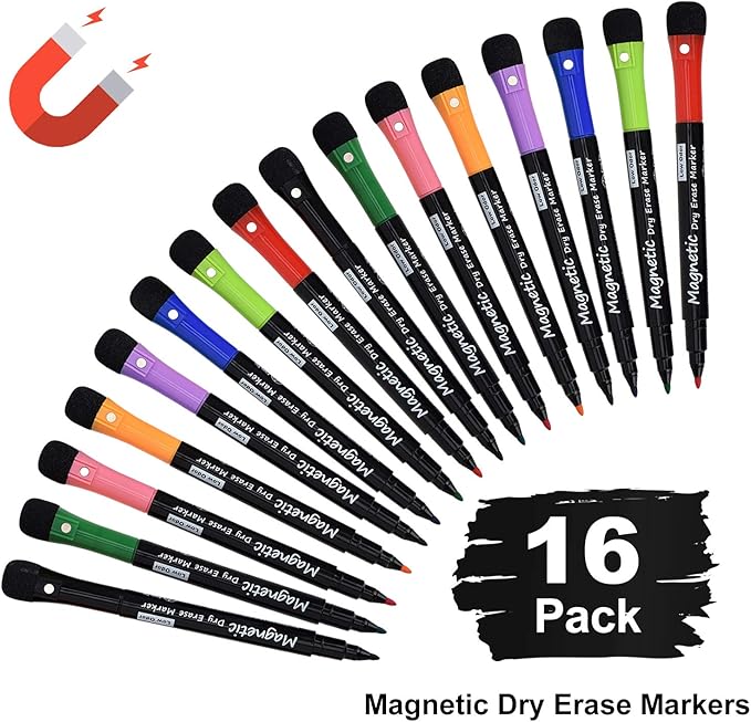 LivDeal 16 Pack Magnetic Dry Erase Markers - Fine Tip (8 Colors) Low Odor Whiteboard Markers for Kids & School, for Whiteboard, Calendar, Refrigerator