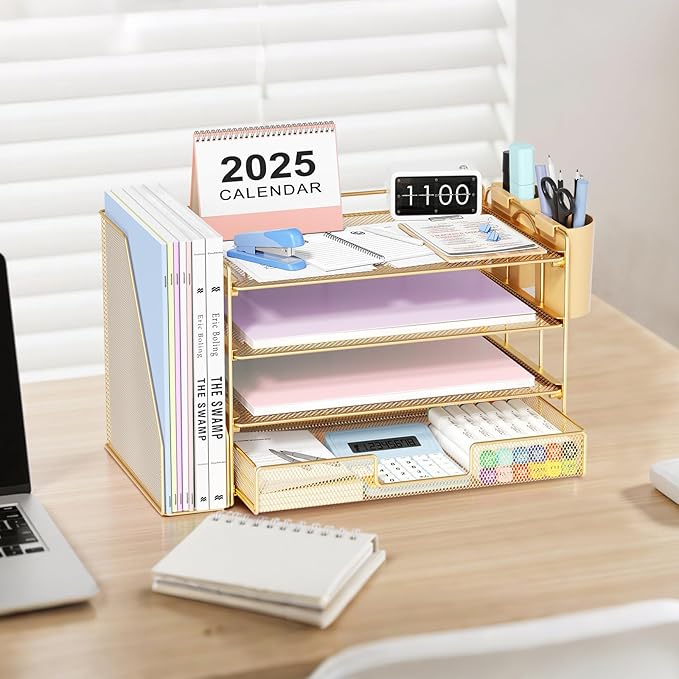 OPNICE Desk Organizers and Accessories, 4-Tier Desktop File Organizer with Drawer and 2 Pen Holders, Office Desk Accessories, Workspace Organizers for Office Supplies(Gold)