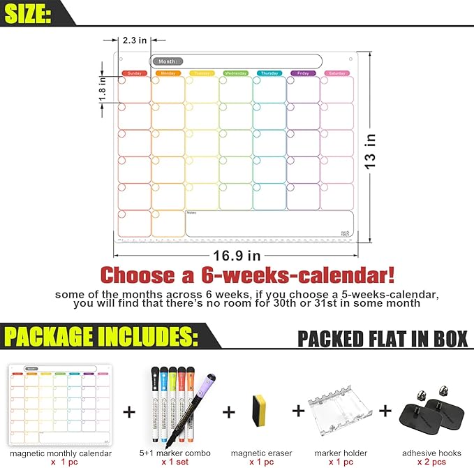 Dry Erase Calendar Kit- Magnetic Calendar for Refrigerator - Monthly Fridge Calendar Whiteboard with Extra-Thick Magnet Included 5 Marker & Eraser & Adhesive Hooks for Wall Hanging