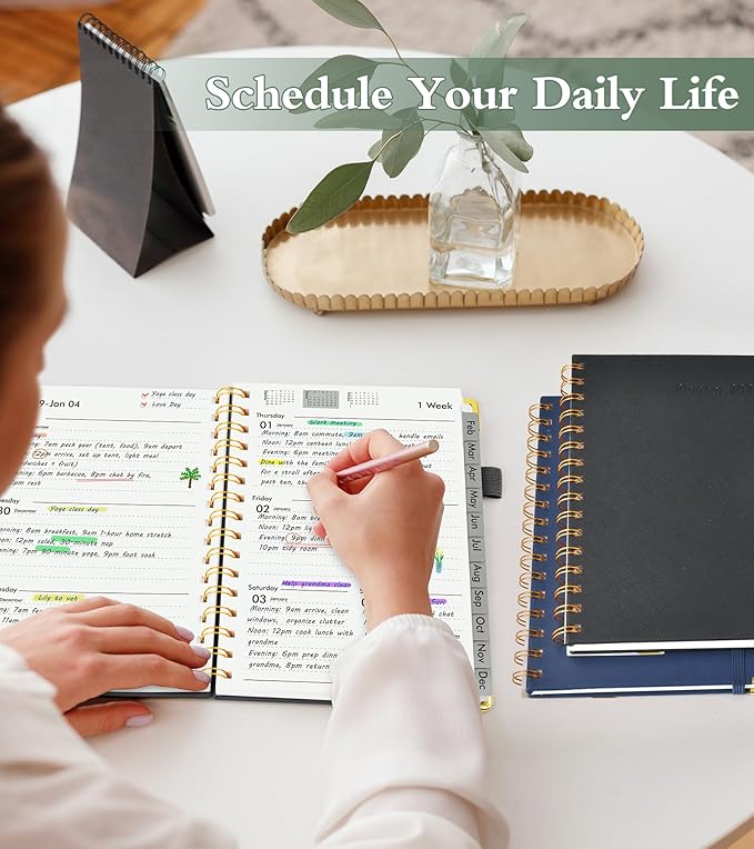 2026 Planner, Hardcover Leather Weekly and Monthly Planner, January 2026 - December 2026, Spiral Yearly Agenda Organizer Book 2026 with Tabs, Daily Calendar Planners for School Work Home, A5 (5.75" x 8.38"), Black